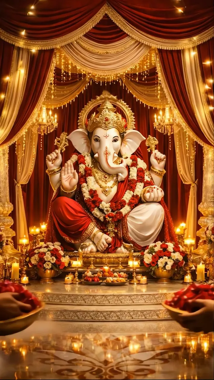Ganesha Devotional Scene With Red Garland And Golden Lighting