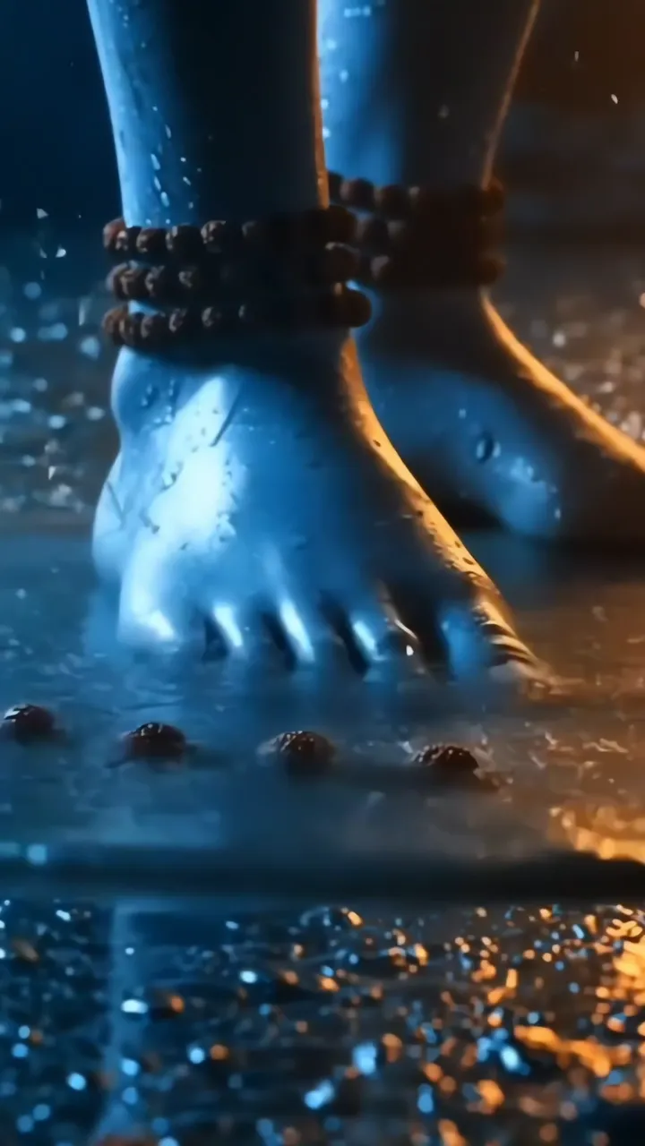 Shiva's Blue Glowing Feet With Sacred Beads And Water Splash
