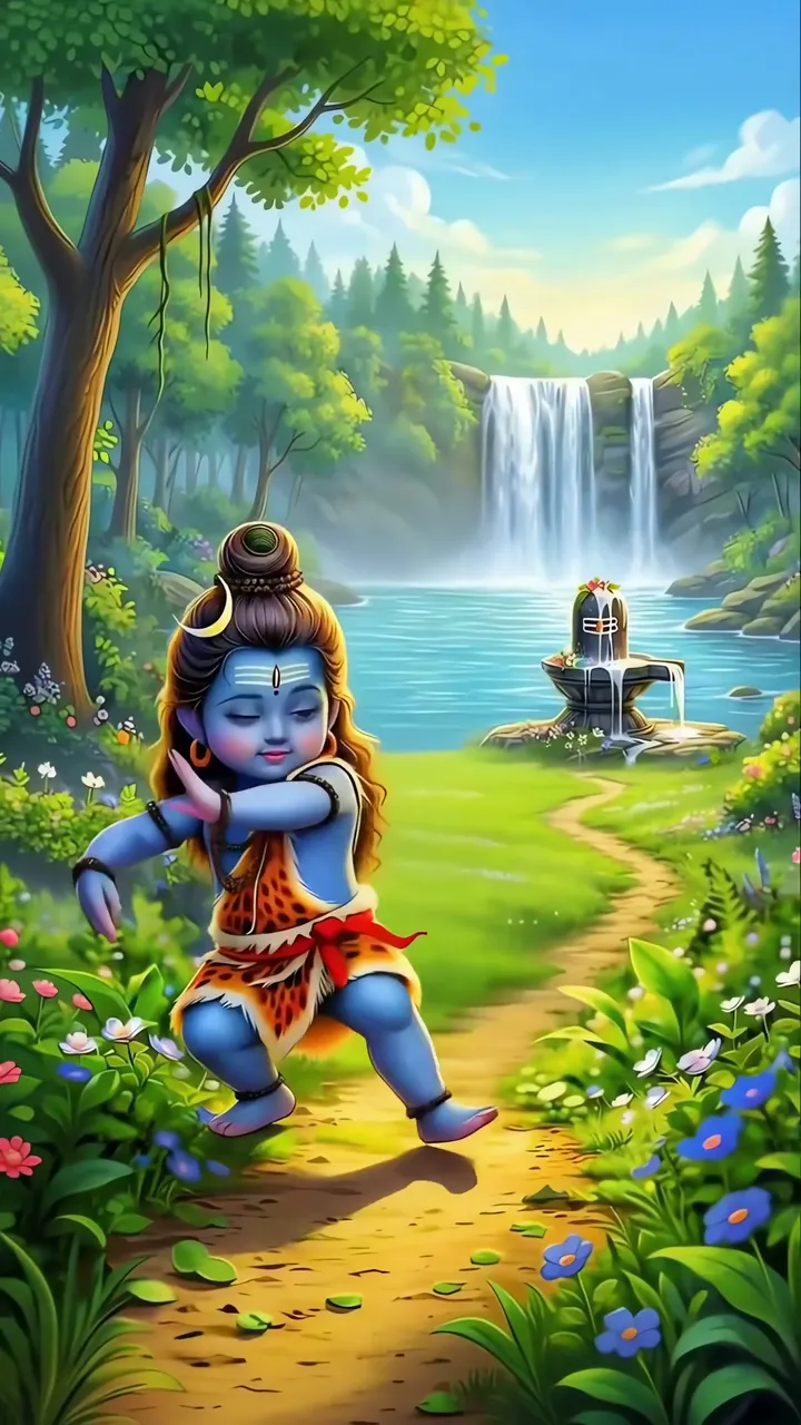 Baby Shiva Dancing Near Waterfall With Shiva Lingam