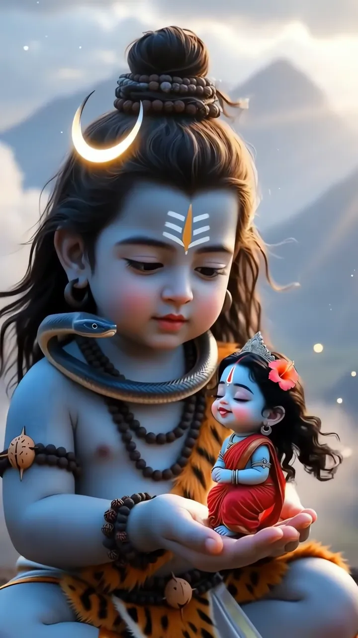 Cute Baby Shiva Holding Little Girl With Snake And Moon