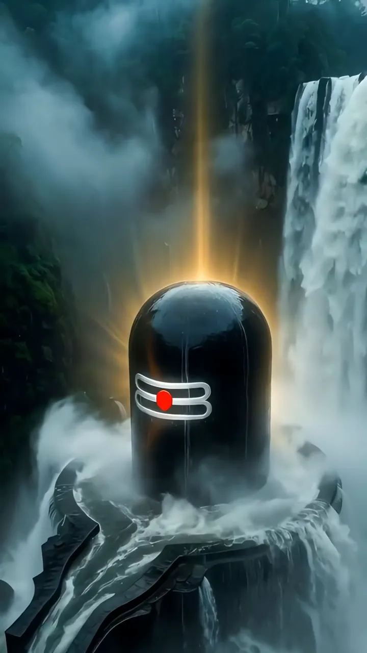 Shiva Lingam Sacred Black Stone With Golden Light And Waterfall