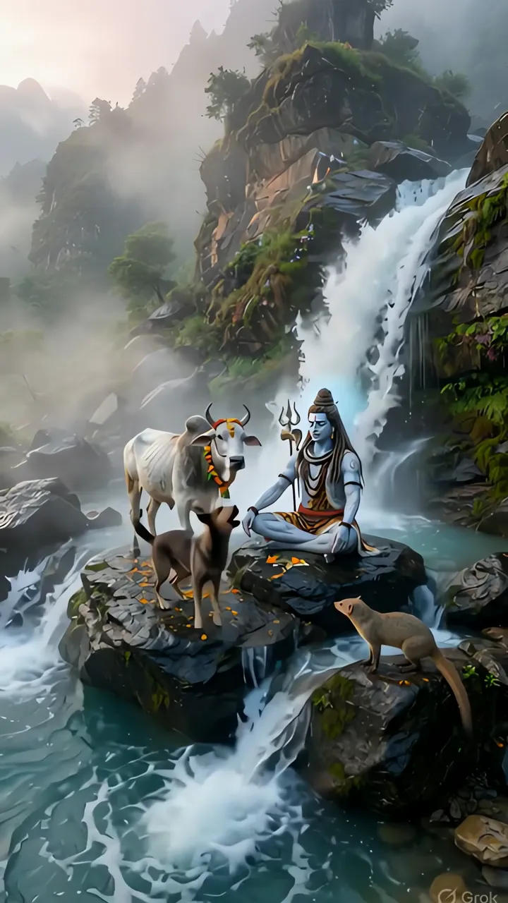 Shiva With Nandi And Forest Animals By Waterfall