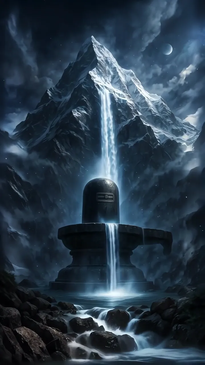 Shivling At Kailash Parvat With Glowing Waterfall And Moon