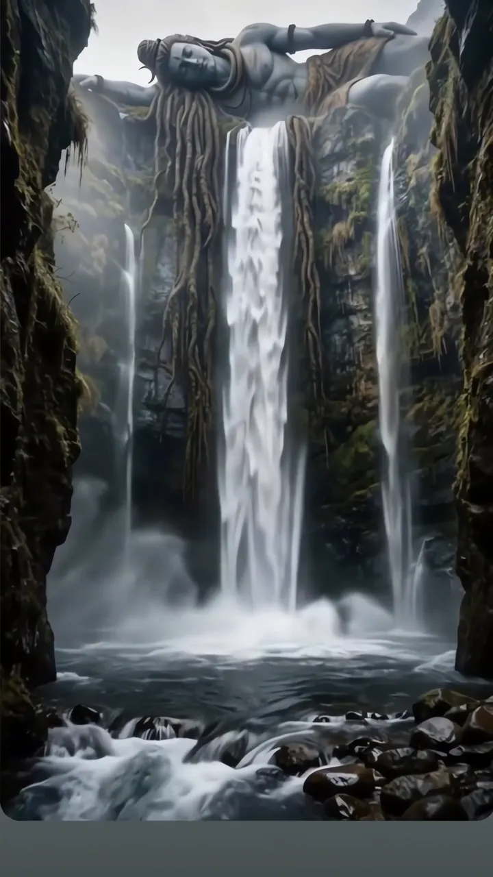 Shiva Asleep In Mountain With Waterfall And Roots
