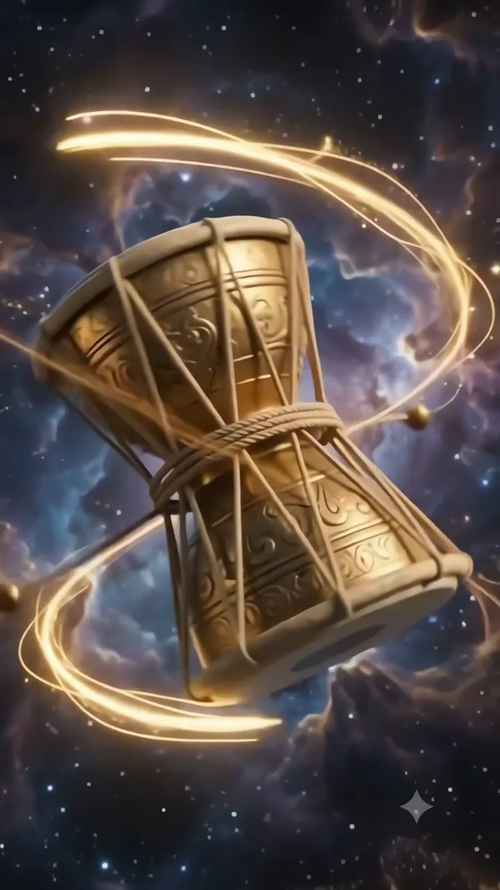 Sacred Cosmic Drum With Golden Energy And Nebula Background