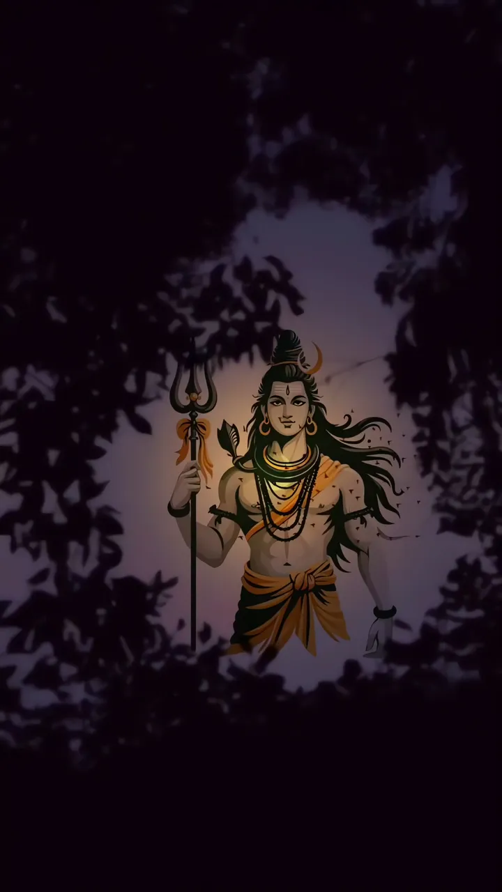 Shiva With Trishul Standing In Forest Moonlight