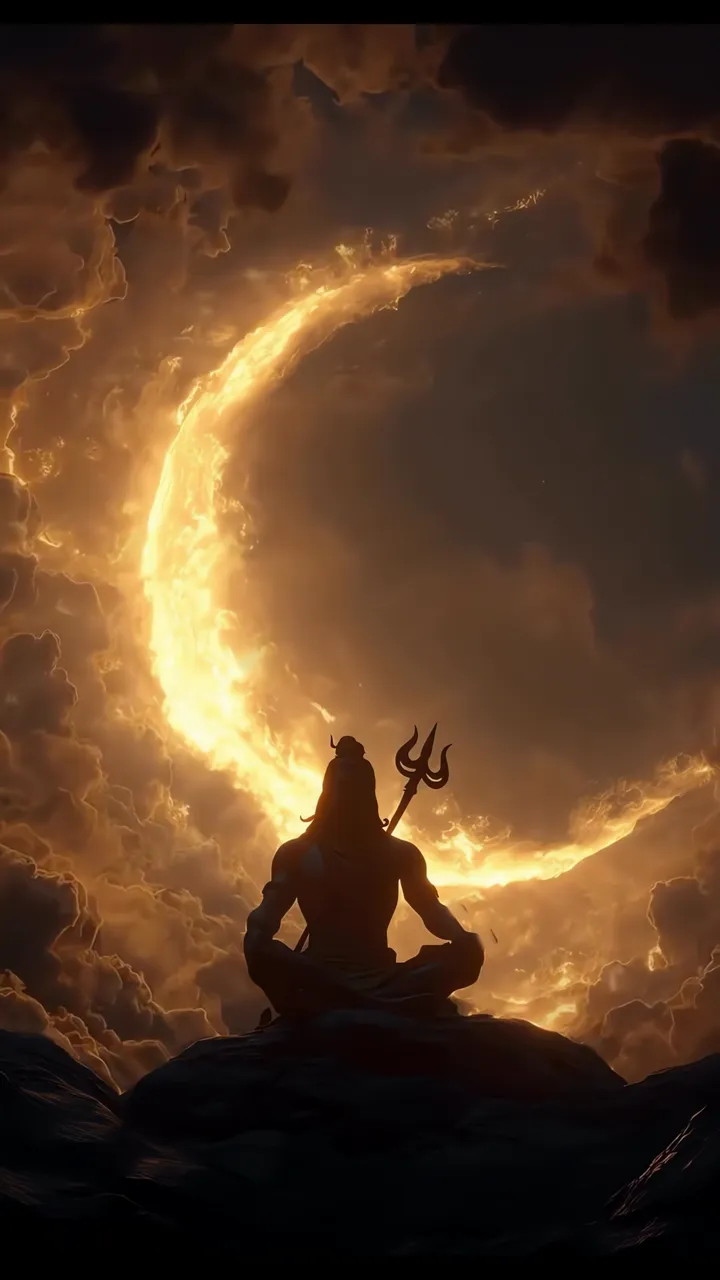 Shiva Meditation With Trishul And Golden Crescent Moon