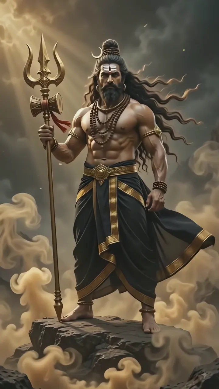 Shiva Standing On Mountain Peak With Trishul And Golden Aura