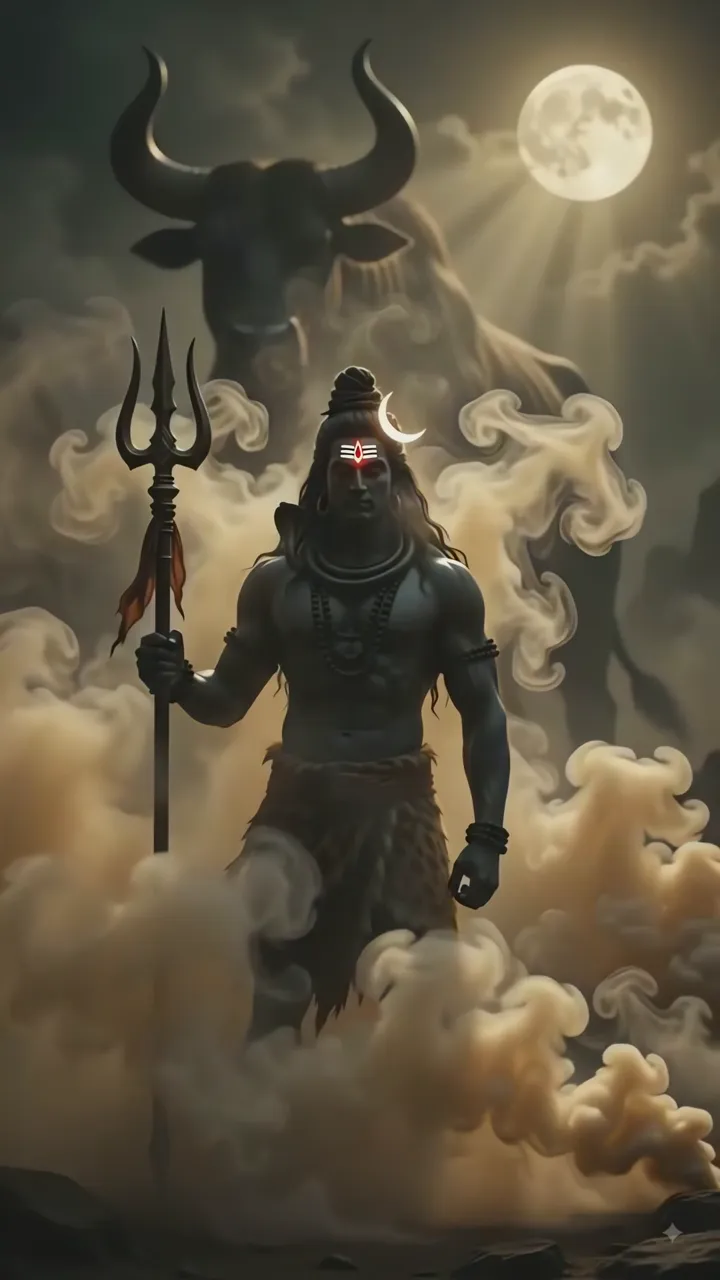 Shiva With Trishul And Nandi Bull Moonlit Scene