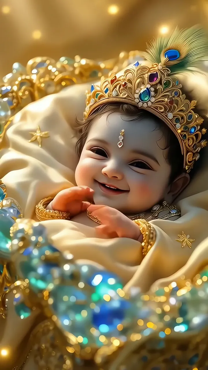 Little Cute Krishna Baby With Peacock Feather Crown And Golden Aura