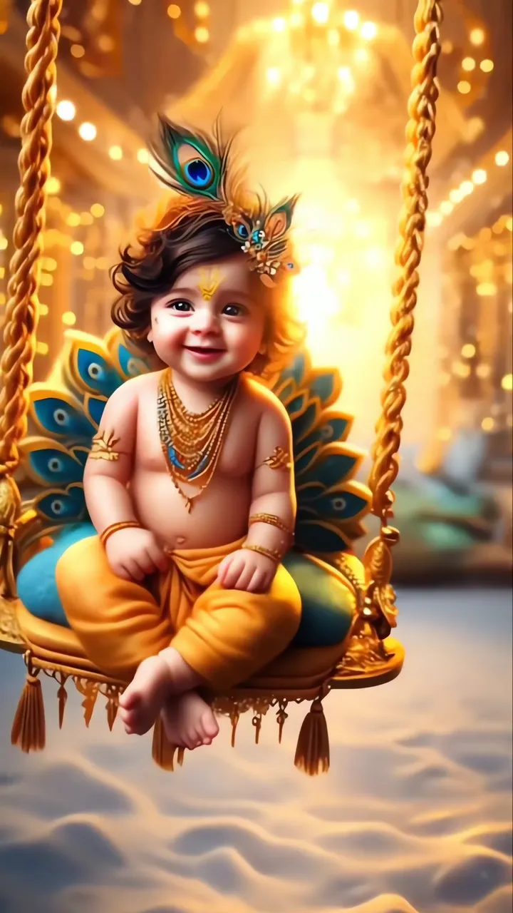 Baby Krishna On Golden Swing With Peacock Feather And Joyful Aura