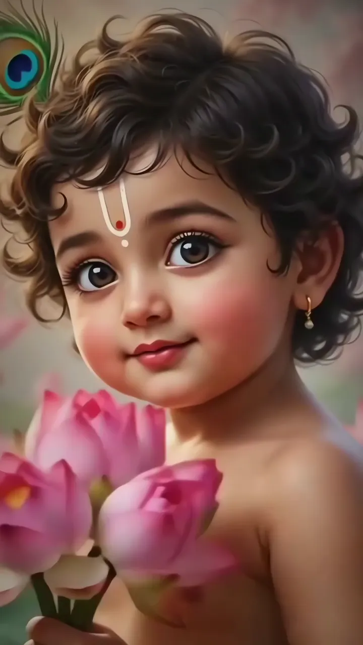 Baby Krishna Holding Pink Lotus Flowers With Peacock Feather