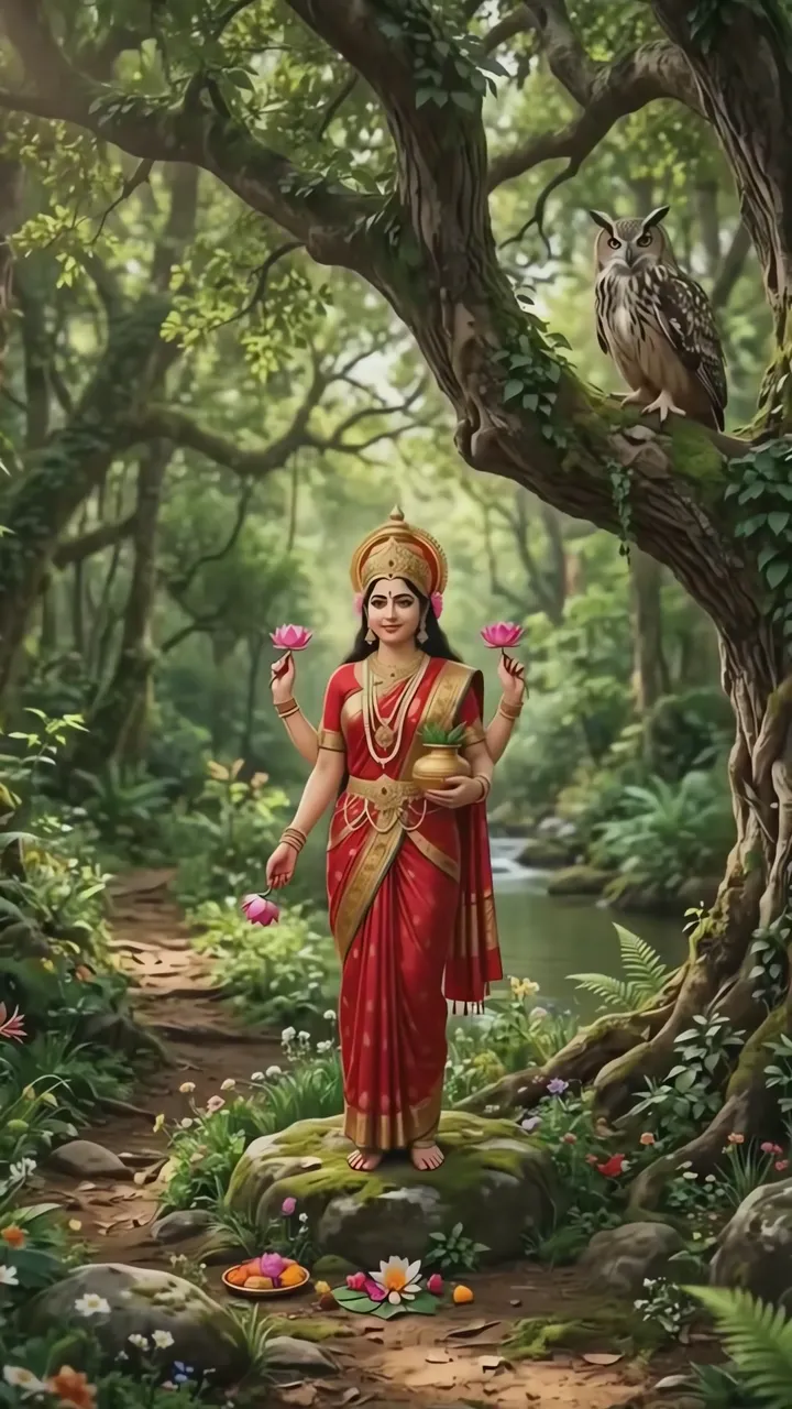 Four-armed Goddess With Lotus And Owl In Forest