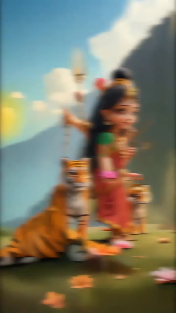 Navdurgamataji With Tiger And Rainbow Mountain Scene
