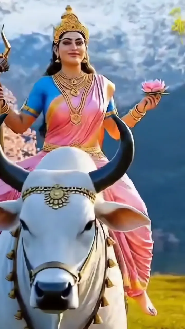 Goddess Parvati Riding White Bull With Lotus And Trident