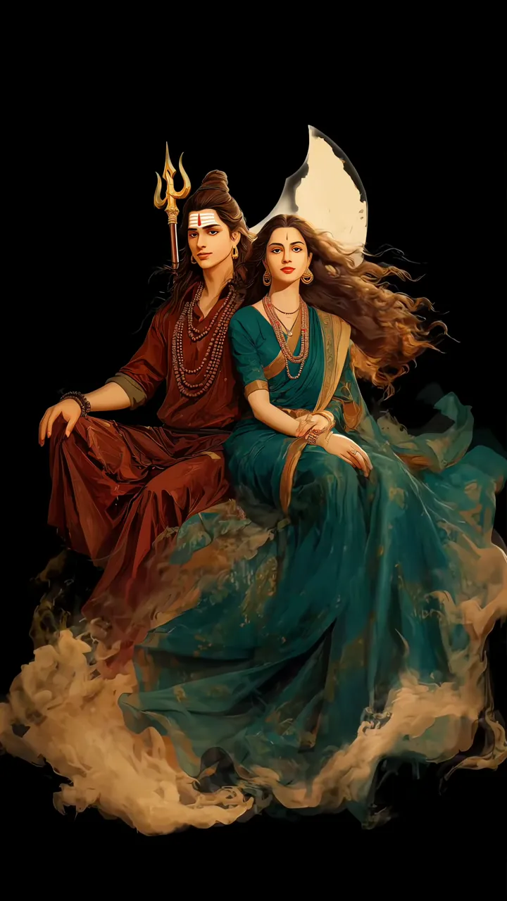Shiva And Parvati Divine Couple With Trishul And Moon