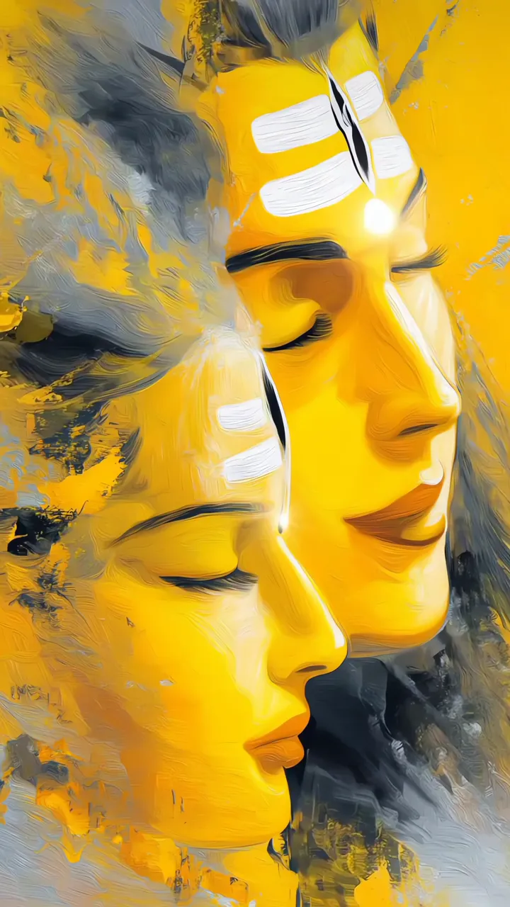 Shiva And Parvati Devotional Yellow Art With Om Namah Shivaya