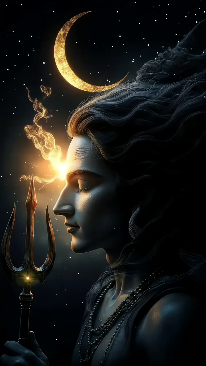 Shiva With Trishul And Golden Moon Aura
