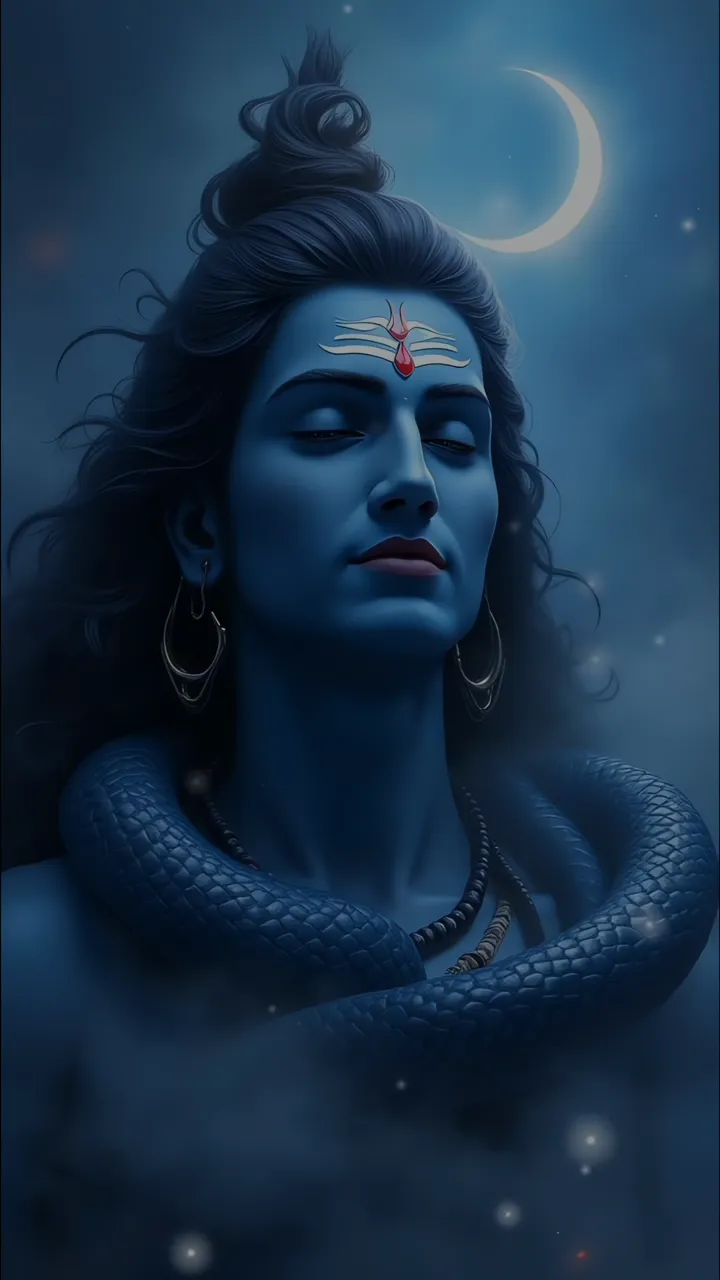 Shiva Meditation With Snake And Moon Blue Glow