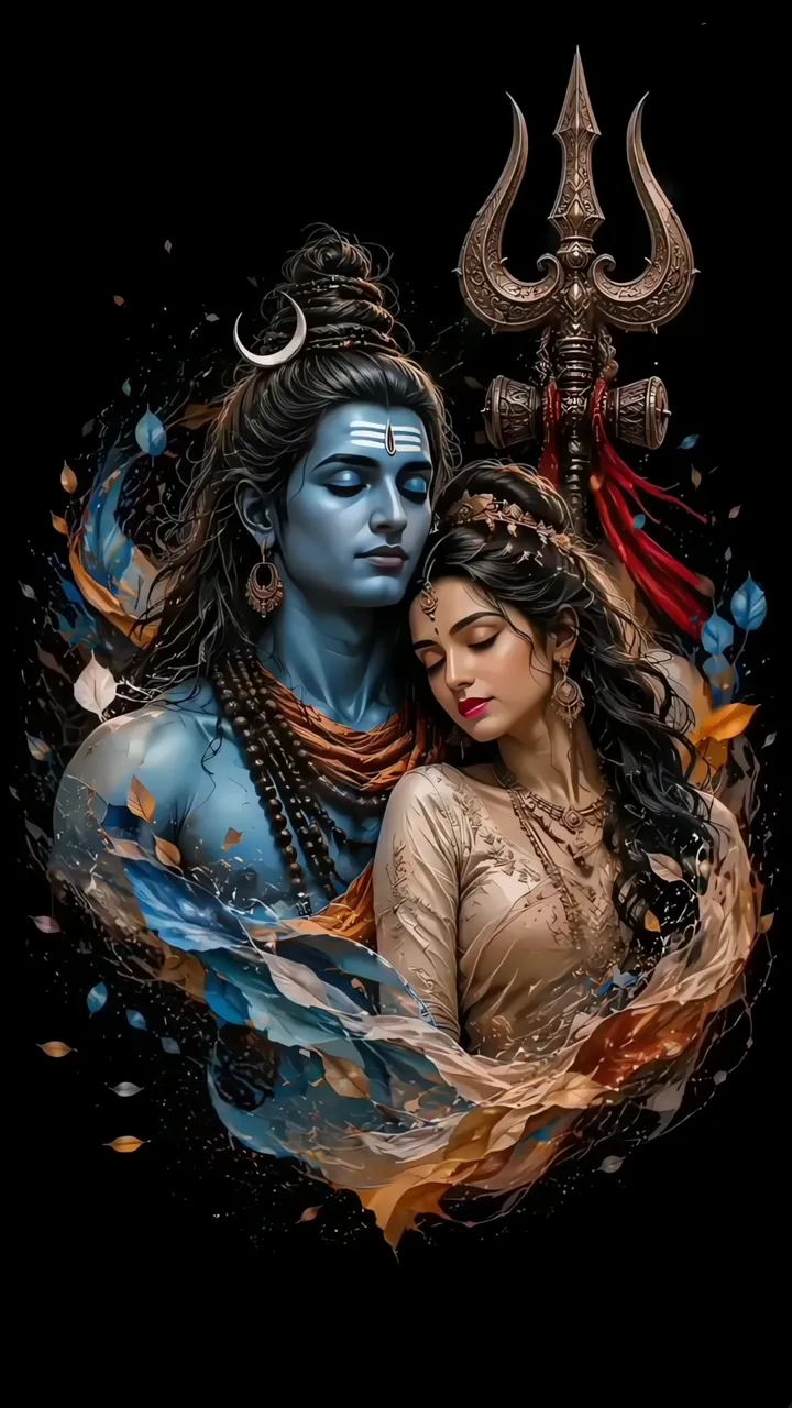 Shiva And Parvati Devotional Blue Glow With Trishul
