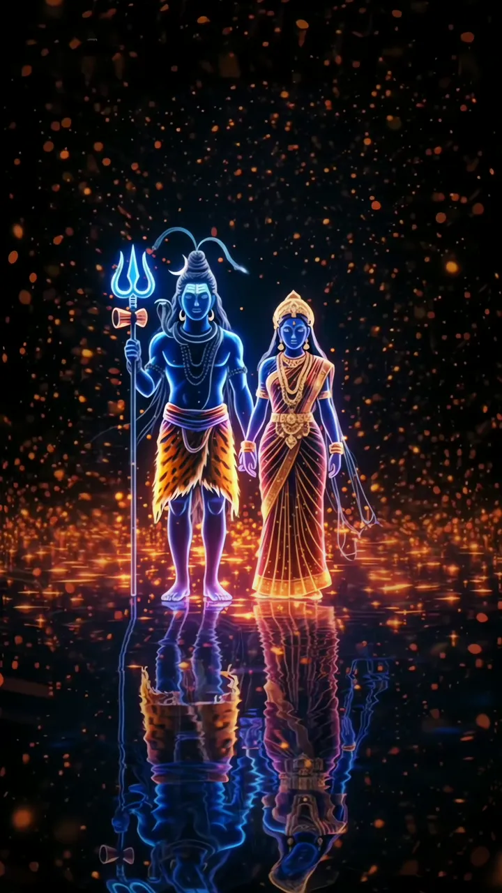 Shiva And Parvati Divine Couple With Blue Glow And Golden Aura