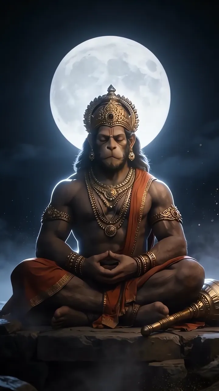 Hanuman Meditating Under Full Moon With Golden Crown