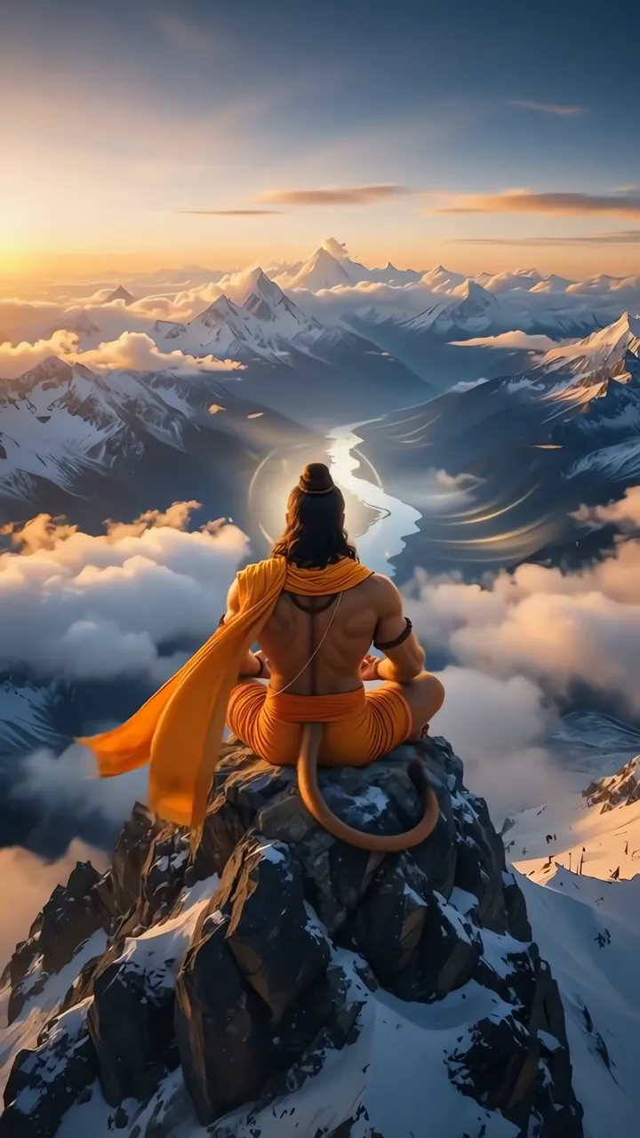 Hanuman Meditation On Snowy Mountain Peak With Golden Aura