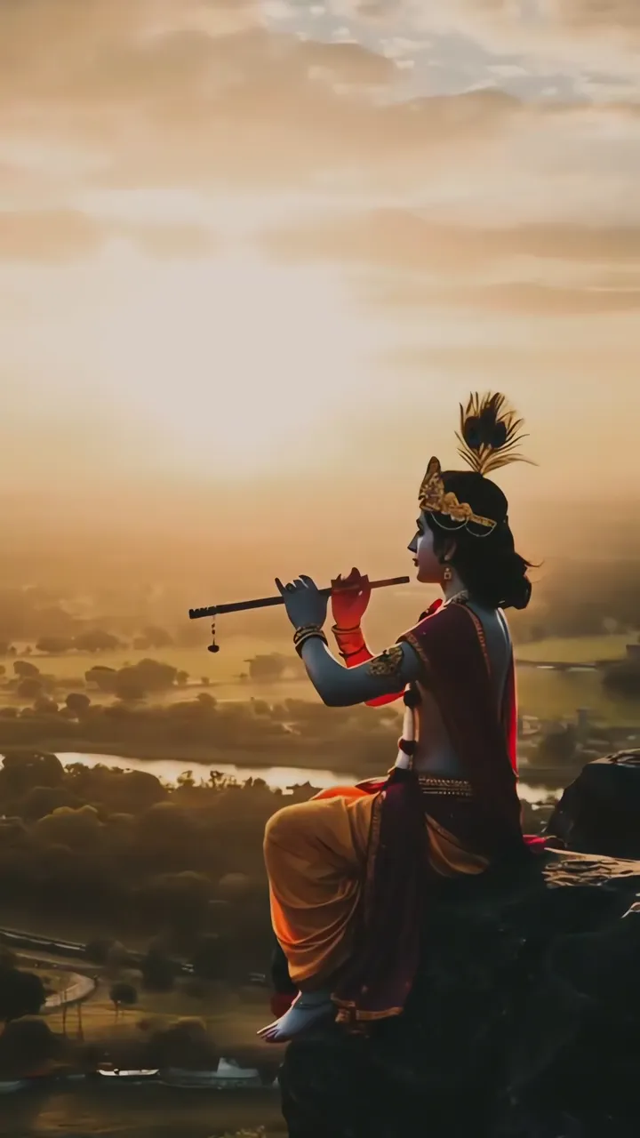 Krishna Playing Flute On Mountain At Sunset