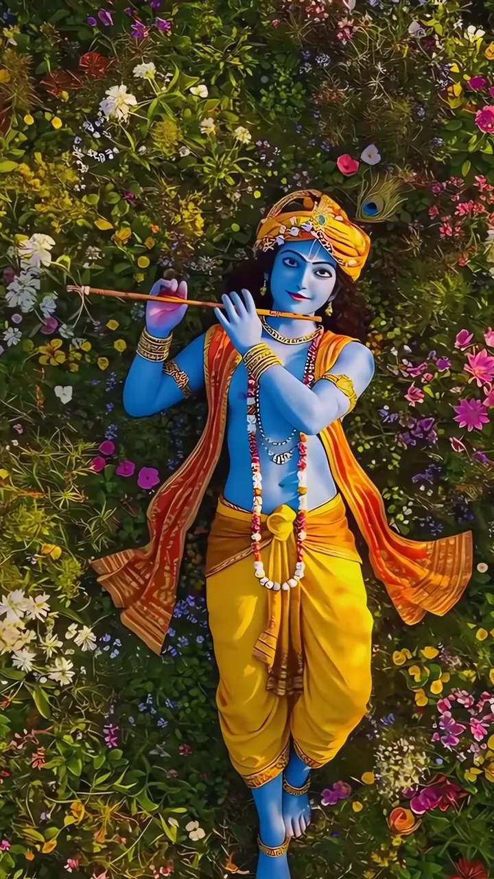 Krishna Playing Flute In Flower Garden
