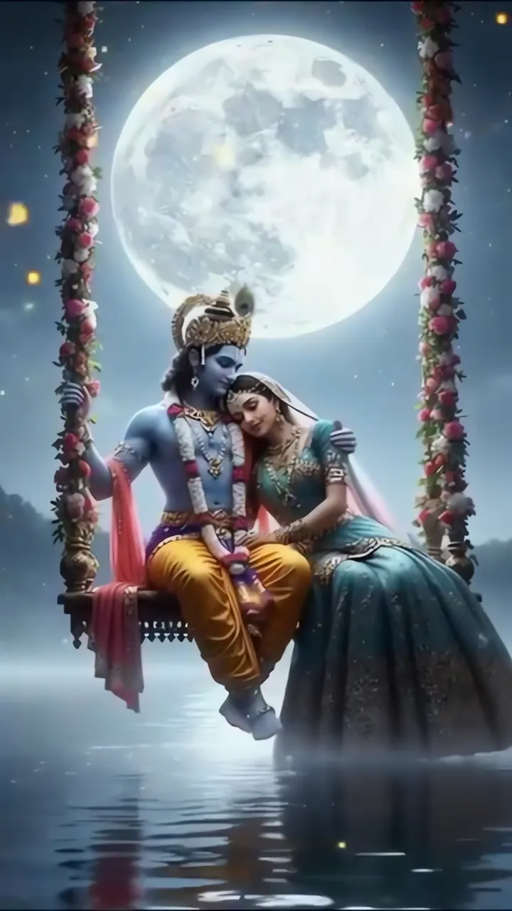 Radha Krishna Romantic Moonlight Temple Scene