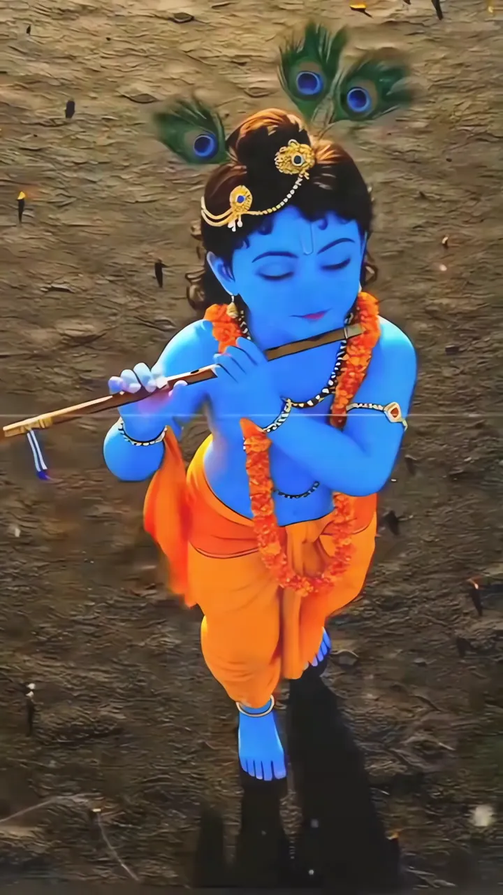 Blue Krishna Playing Flute With Peacock Feathers Janmashtami