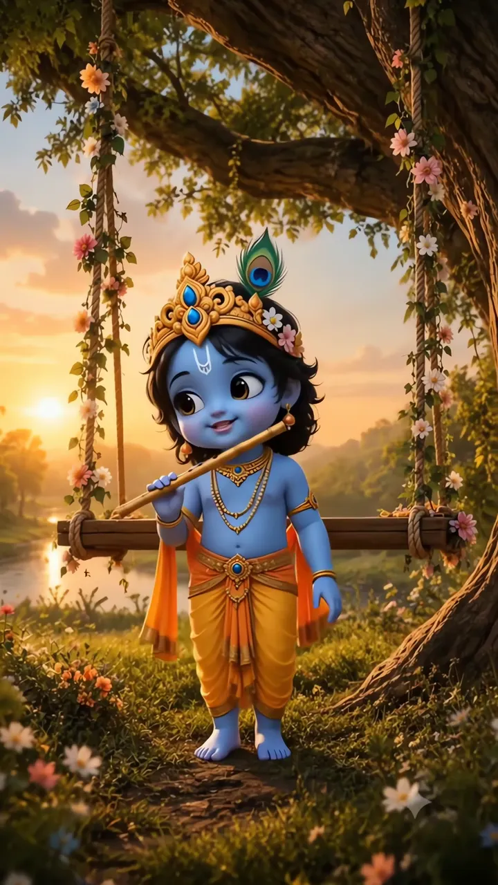 Cute Baby Krishna Holding Flute Under Tree At Sunset