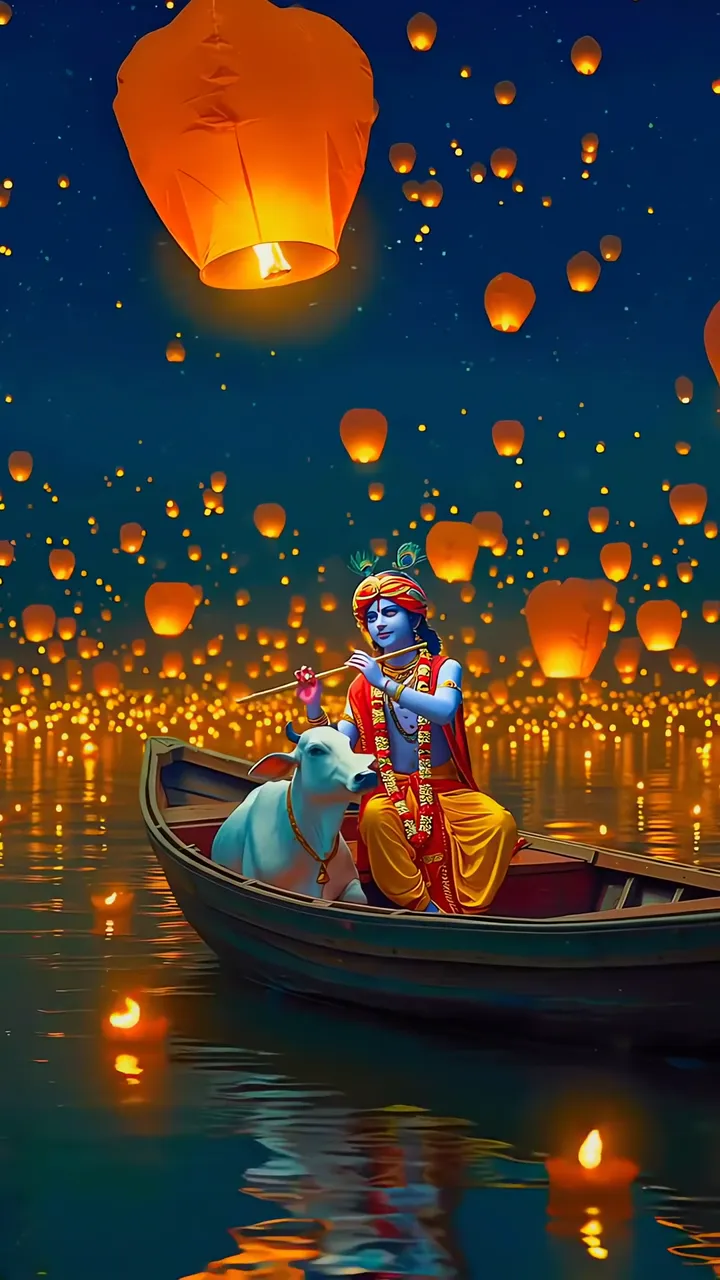 Krishna Playing Flute With Cow On Boat Amid Floating Lanterns