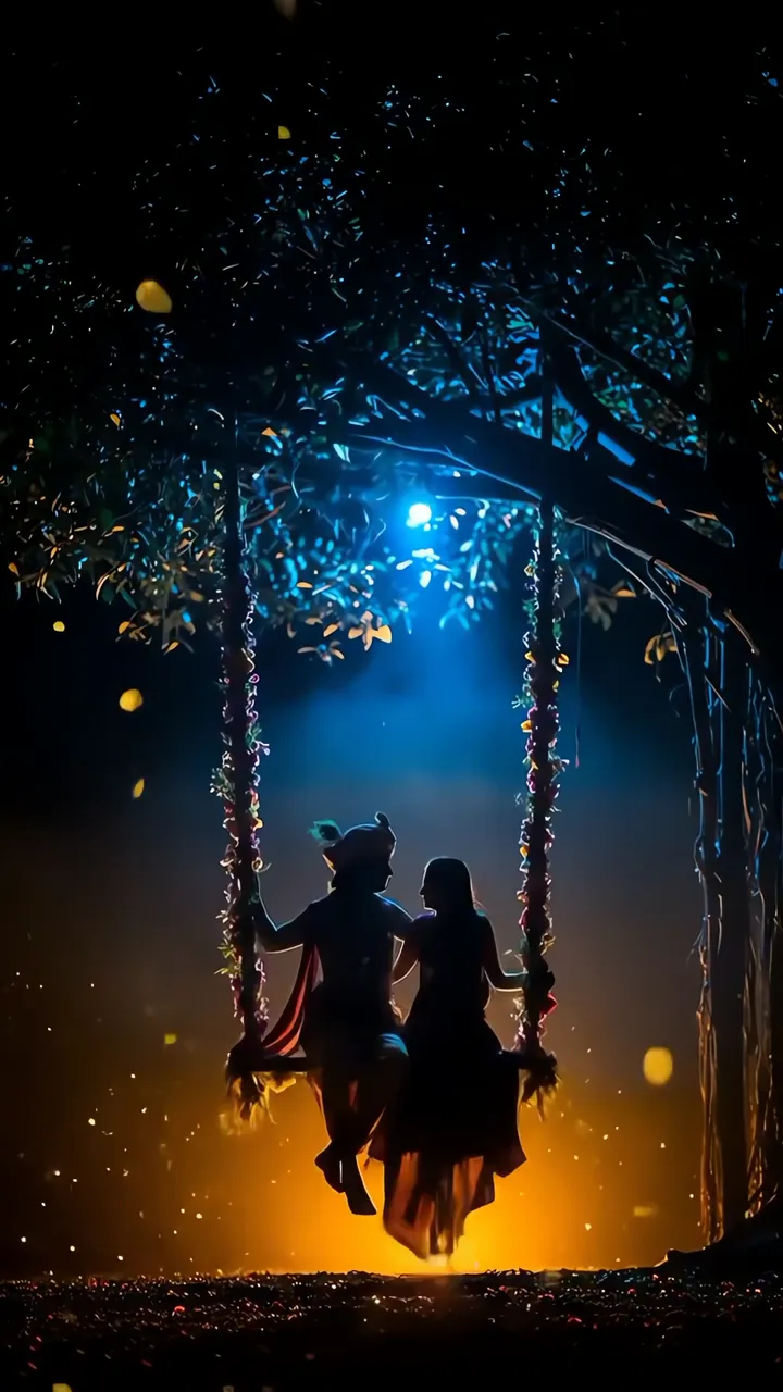 Krishna And Radha Romantic Moonlight Swing Scene