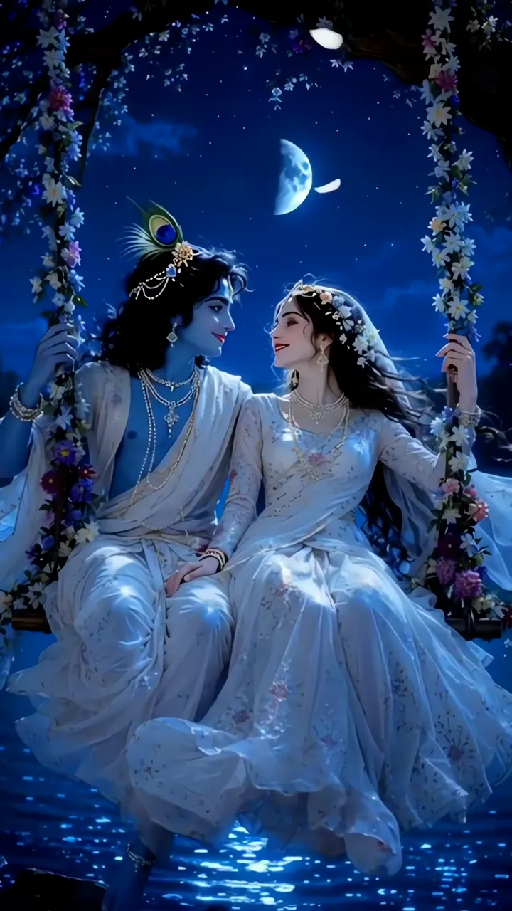 Radha Krishna Romantic Moonlight Swing Under Starry Sky
