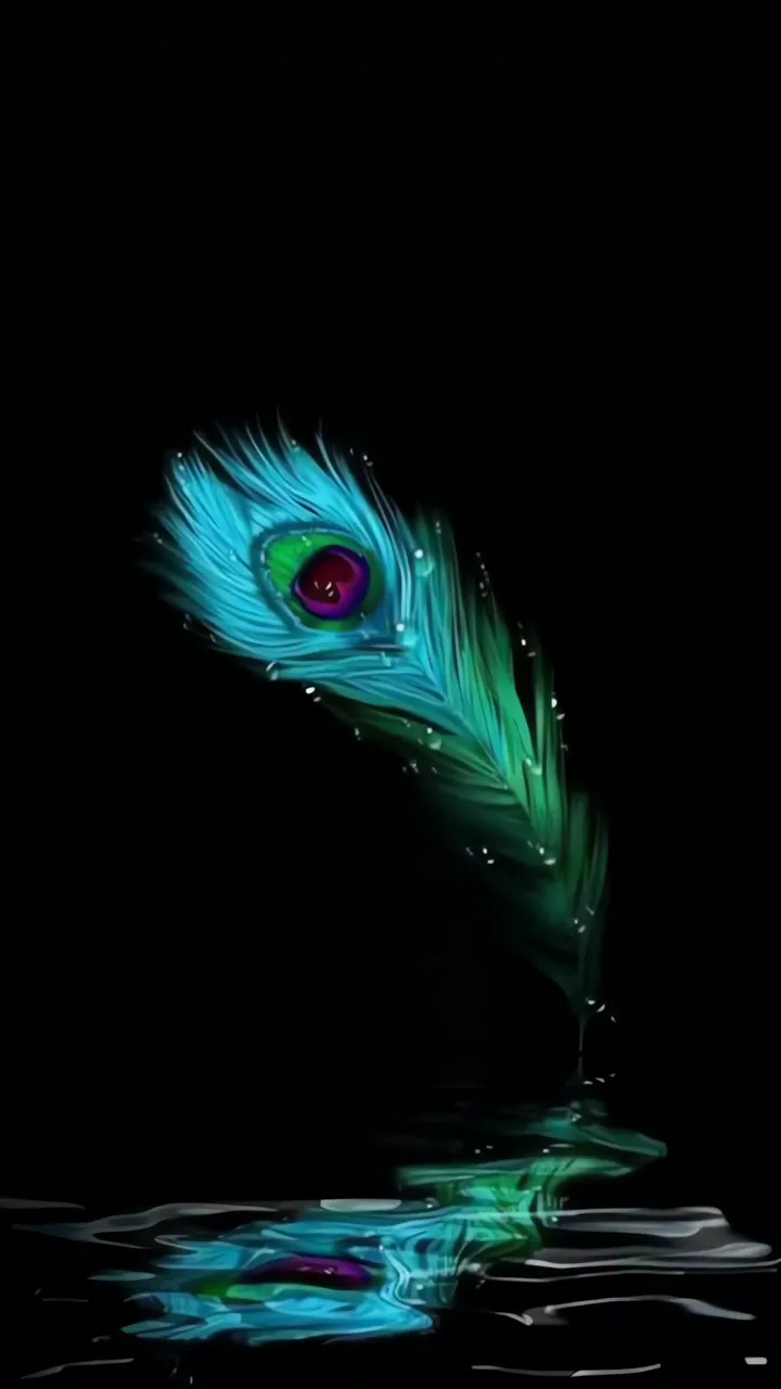 Glowing Peacock Feather In Water With Neon Reflection