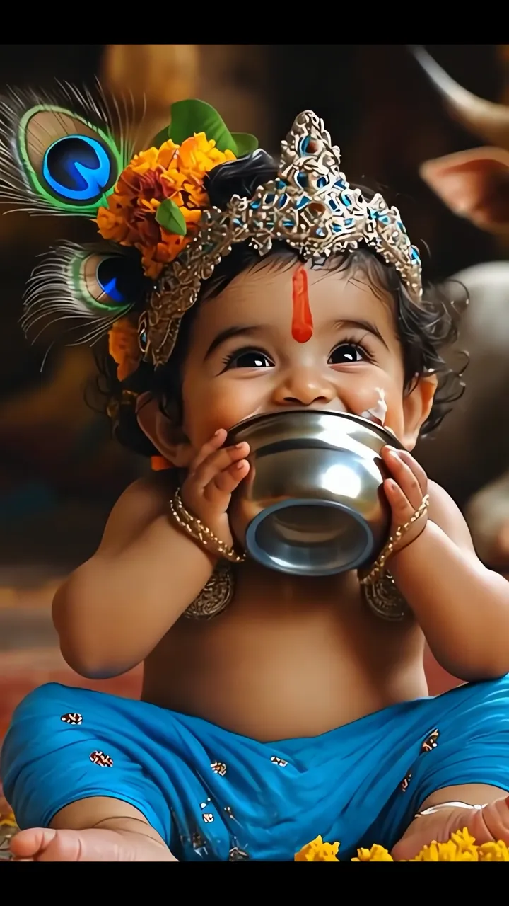 Baby Krishna Drinking Milk With Peacock Feather Crown Janmashtami