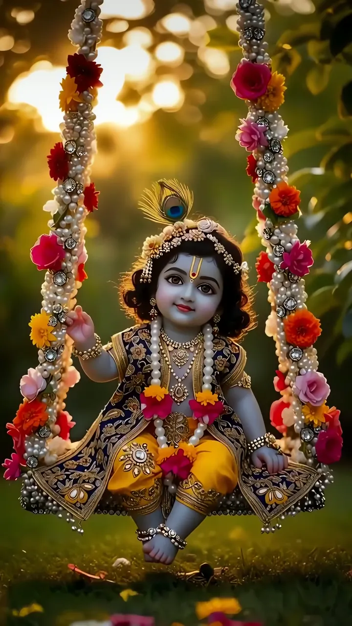 Baby Krishna On Floral Swing With Peacock Feather And Golden Sunlight