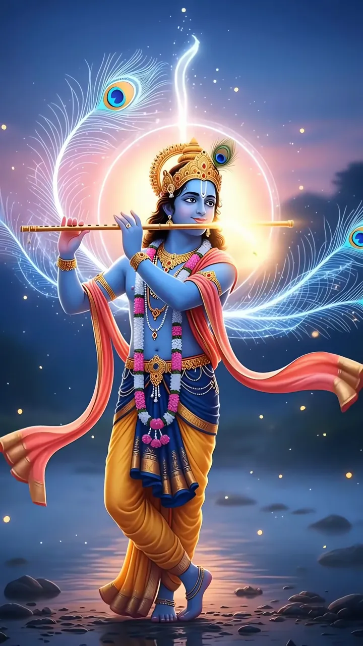 Krishna Playing Flute With Peacock Feather Aura