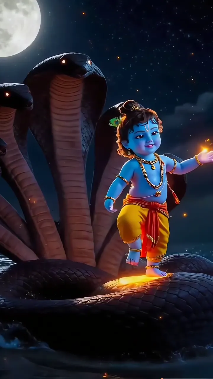 Baby Krishna Standing On Snake With Moon And Stars