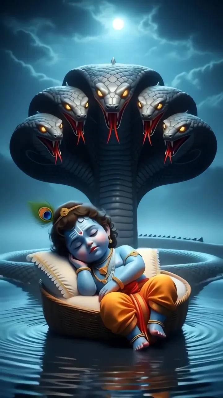 Baby Krishna Sleeping On Lotus With Multi-Headed Snake