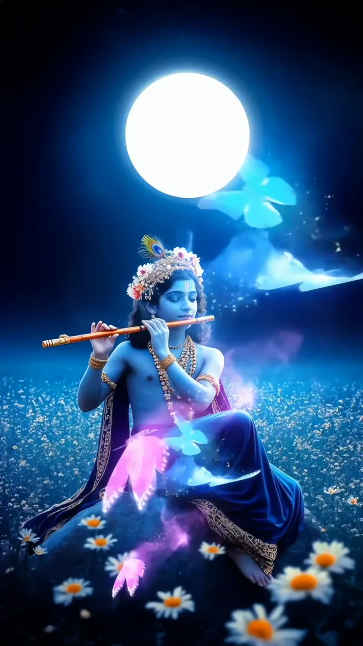 Krishna Playing Flute Under Moonlight With Butterflies