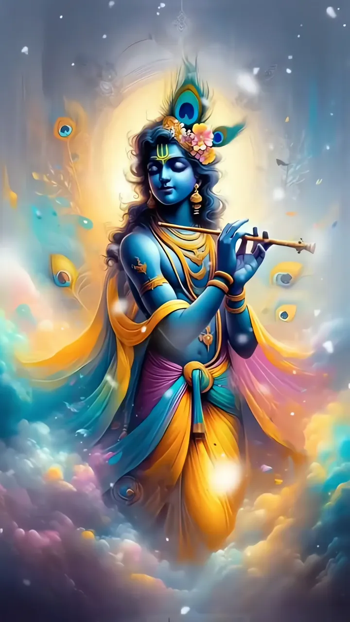 Blue Krishna Playing Flute With Peacock Feathers And Rainbow Aura