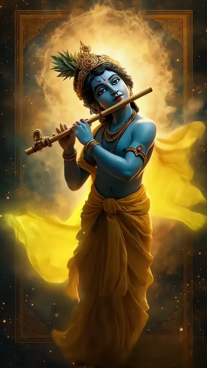 Krishna Playing Flute With Golden Aura And Yellow Drape