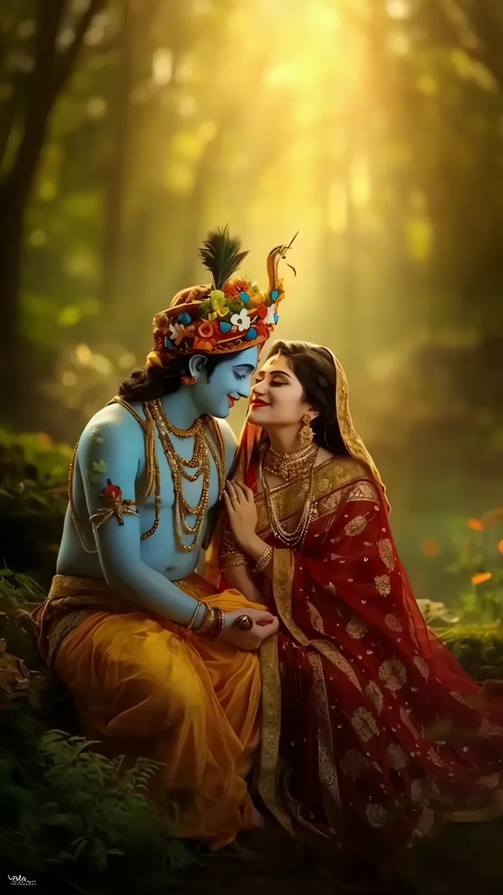 Radha Krishna Romantic Forest Scene With Golden Sunlight