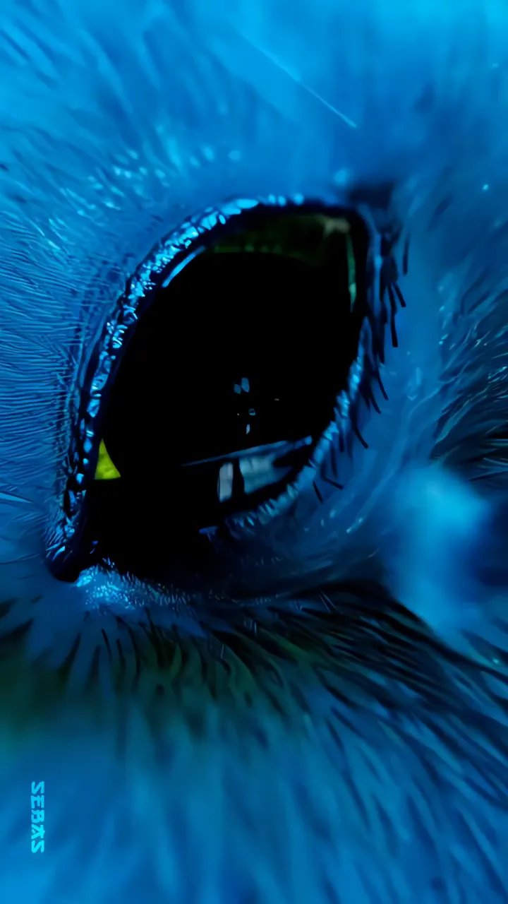 Blue Furry Creature Eye With Yellow Glow And Dark Pupils