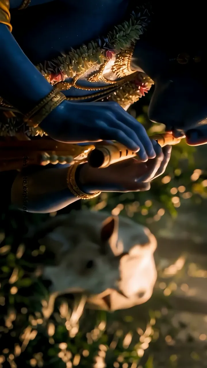 Lord Krishna Playing Flute With Sacred Cow And Golden Light