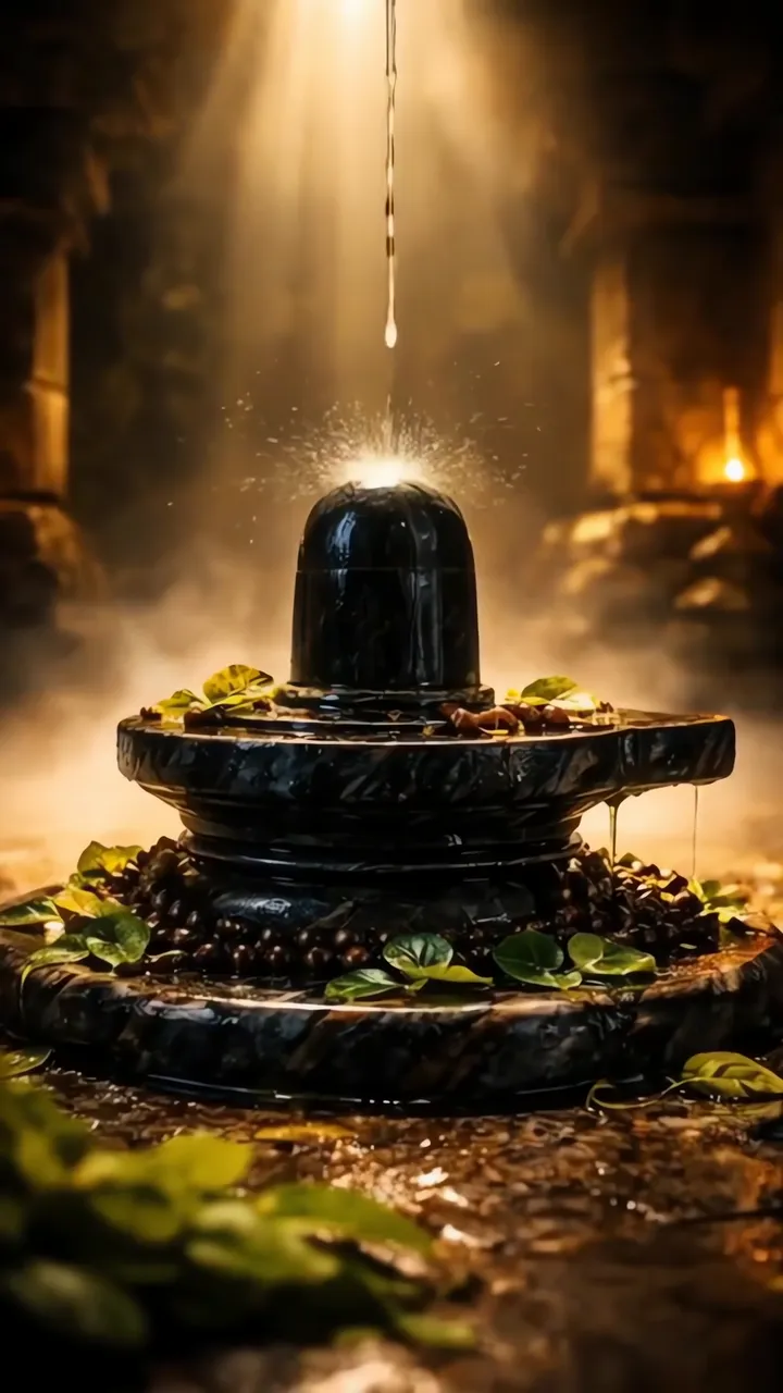 Shiva Lingam Sacred Waterfall With Golden Light And Smoke
