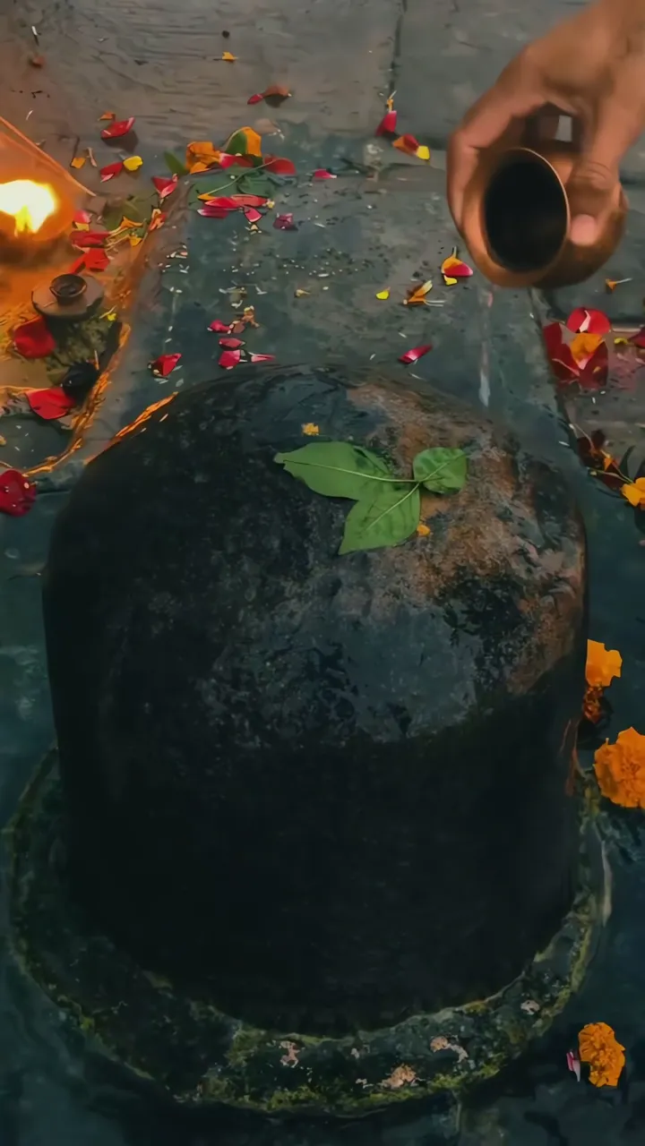 Shiva Lingam Ritual With Rose Petals And Sacred Leaf