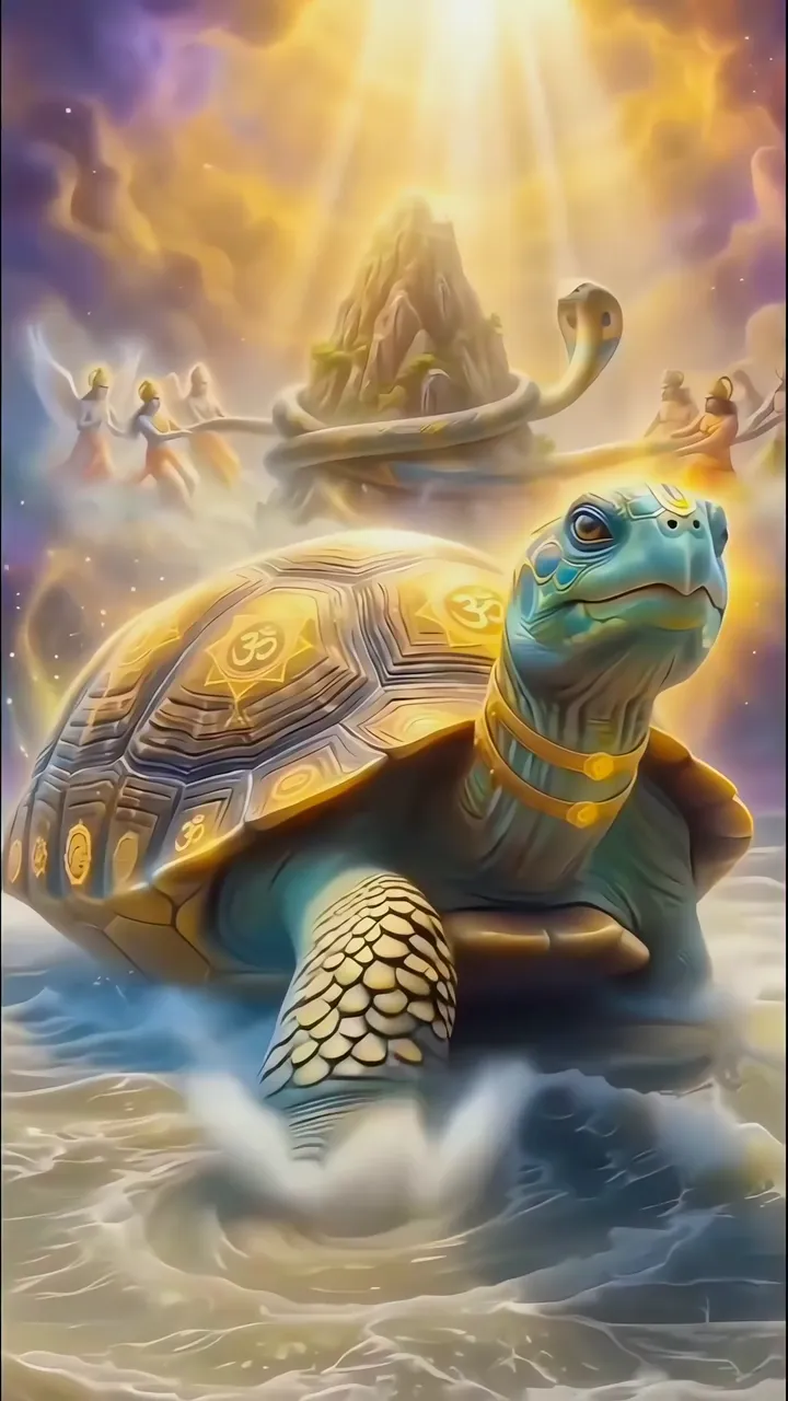 Sacred Cosmic Turtle With Om Symbols And Divine Snake